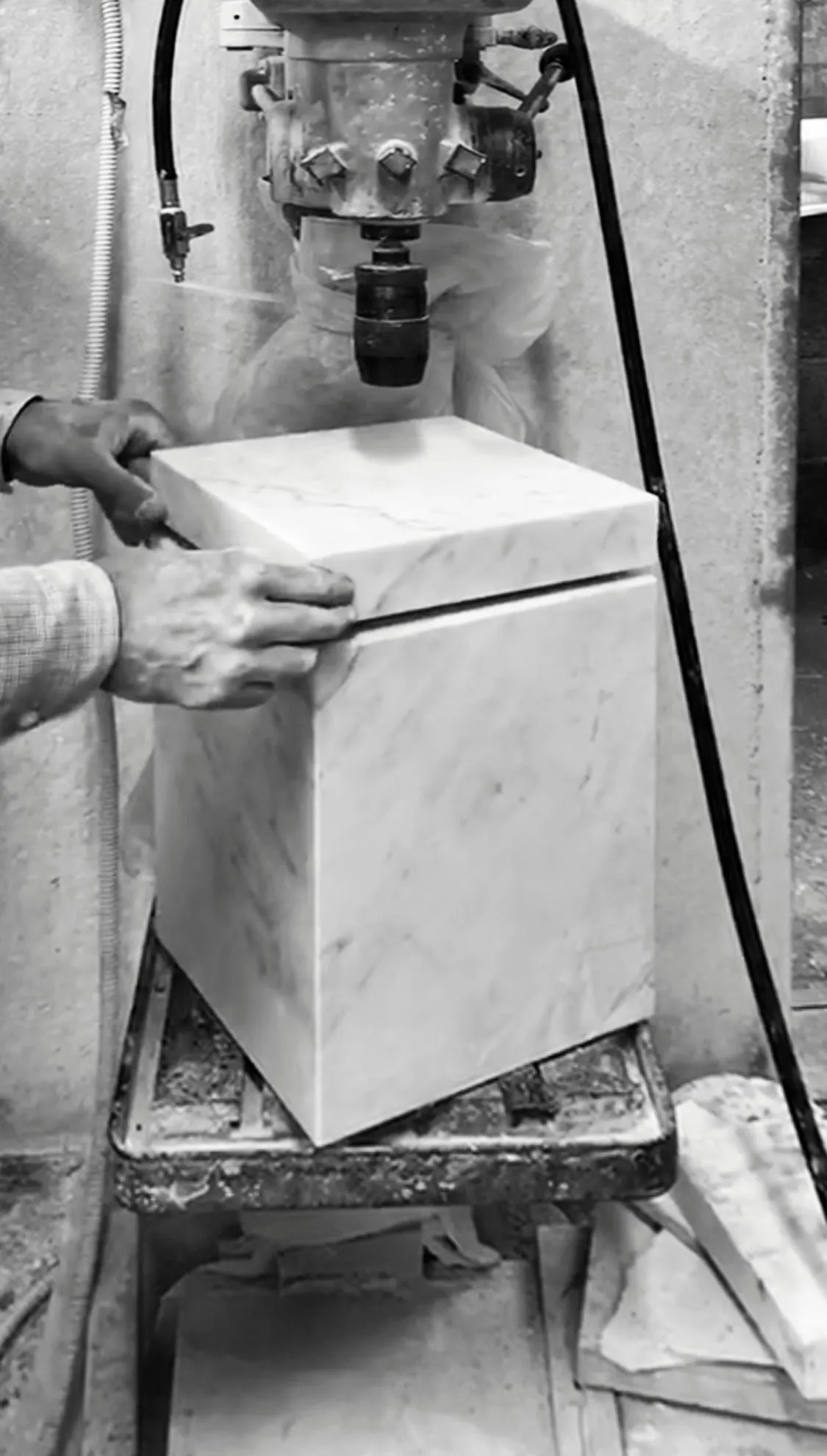 A block of marble worked by hand in the workshop