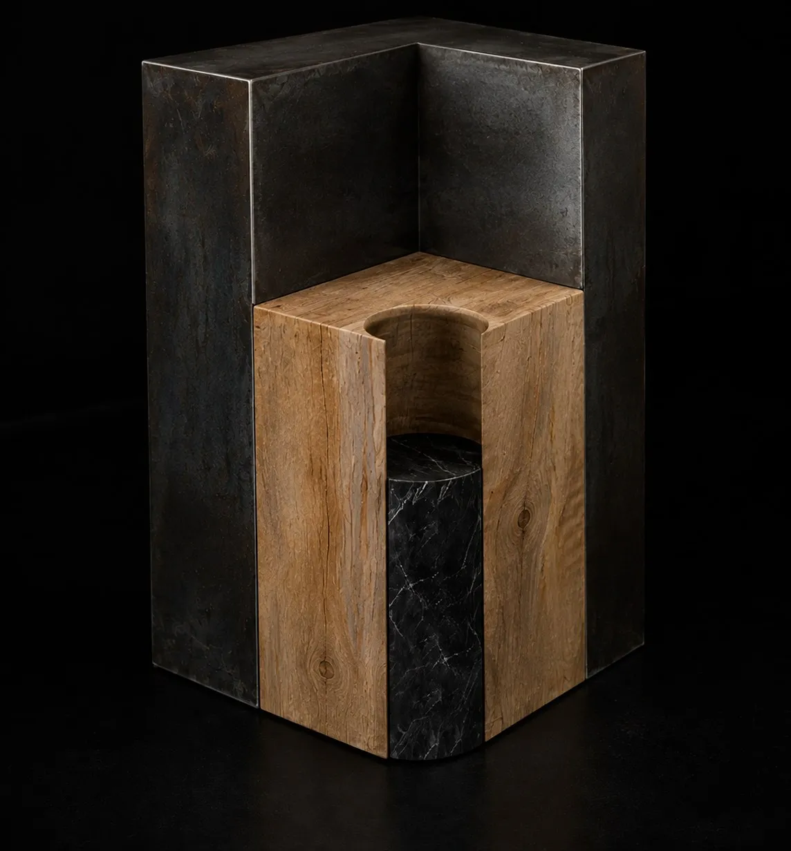 Chimera totem, in metal, wood and black marble